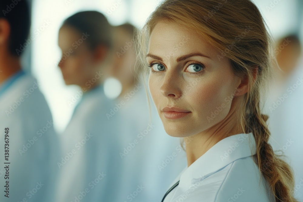 A female scientist in a lab coat examines test results with a focused gaze.