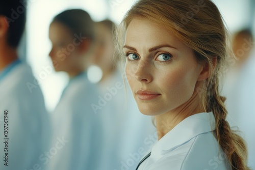 Obraz na płótnie A female scientist in a lab coat examines test results with a focused gaze. w salonie