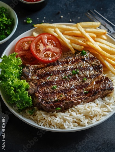 A delicious and hearty meal of grilled steak with french fries, accompanied by a side of rice and a refreshing tomato garnish.