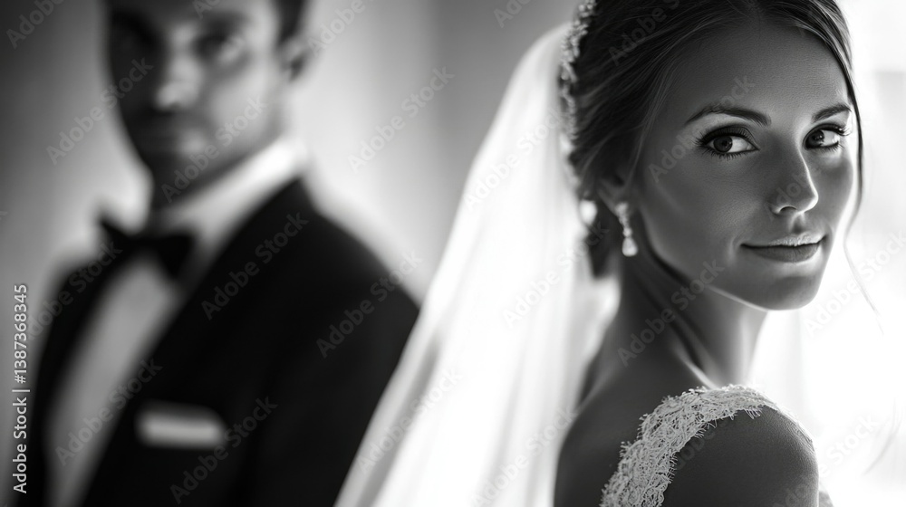 Groom and bride in formal attire; groom wearing a suit with bow tie, bride in wedding dress with veil.