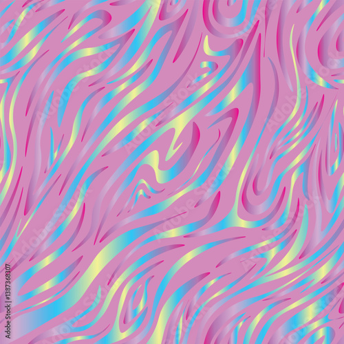 Striped zebra vector pattern seamless with multicolored hologram rainbow stripes. Endless print for clothes and fabric in bright summer style. Trendy neon print of fashionable safari.