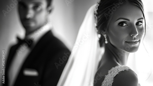 Obraz na płótnie Groom and bride in formal attire; groom wearing a suit with bow tie, bride in wedding dress with veil. w salonie