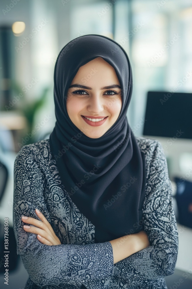 A beautiful young Muslim woman wearing a hijab stands in an office with confidence, hands on her hips.