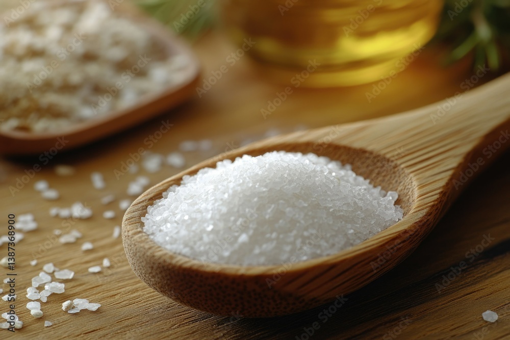 Close-up of brown salt, peppercorns, in bowls on wooden table.