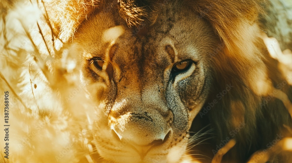 Close-up of a lion's face in natural habitat with soft focus on grasses and blurred background.