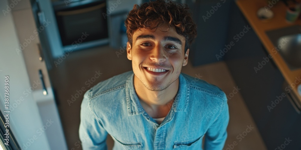 Young male smiling joyfully indoors, with open mouth and radiant expression.