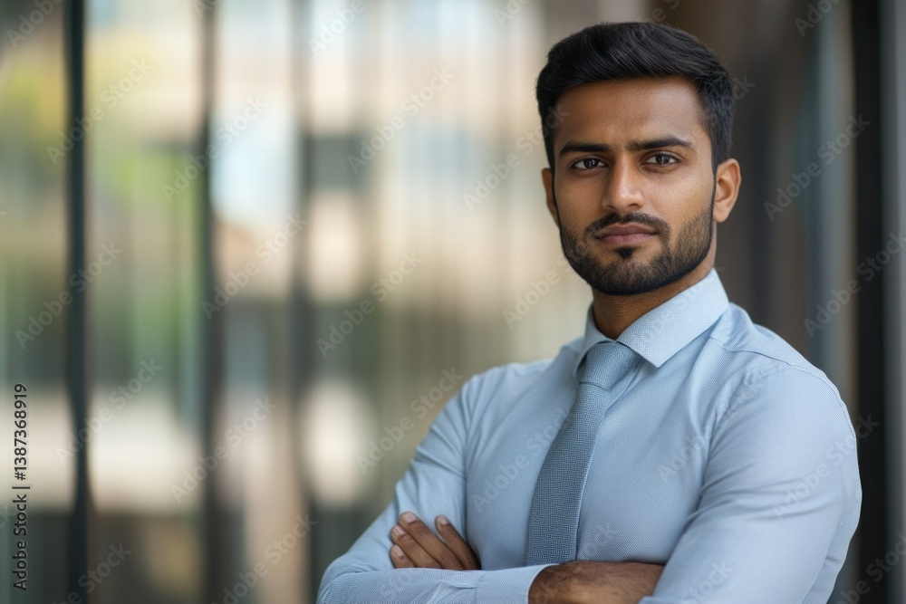 A young man dressed in business attire, confident and professional.