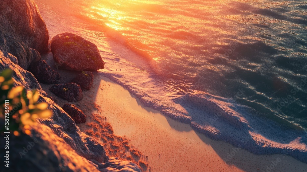 A tranquil beach scene at sunset with waves gently lapping the shore, a rocky outcrop, and expansive sky.