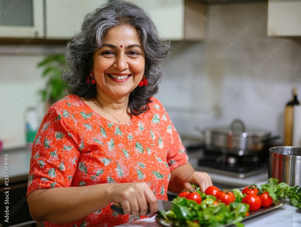 An older woman prepares a meal, smiling.