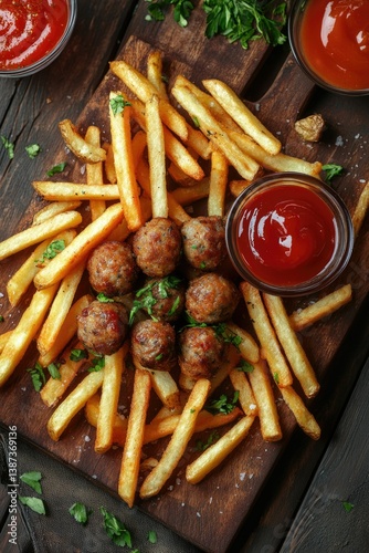 Obraz na płótnie Crispy french fries with meatball sub, ketchup and parsley garnish on wooden table. w salonie