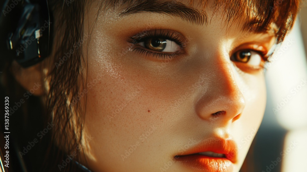A young woman with a headset, wearing makeup, suggesting an interest in sound engineering or music.
