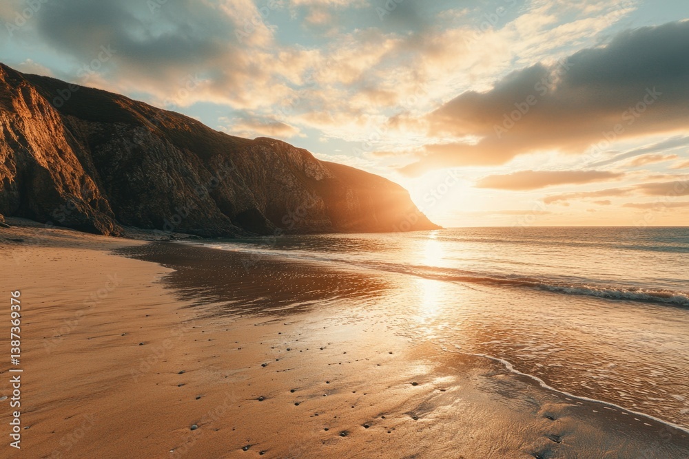 Beautiful sunset on the shoreline with hills in the background.
