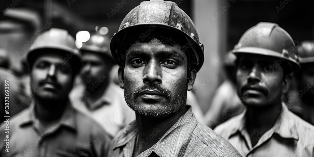 Man wearing hard hat and reflective vest at industrial construction site. Part of a team of workers, showing professional attire.