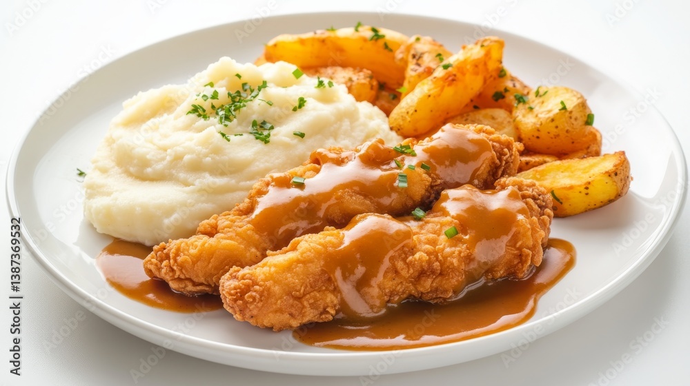 A plate of crispy fried chicken with mashed potatoes and gravy. Featuring comfort and indulgence A plate of crispy fried chicken with mashed potatoes and gravy. Featuring comfort and indulgence