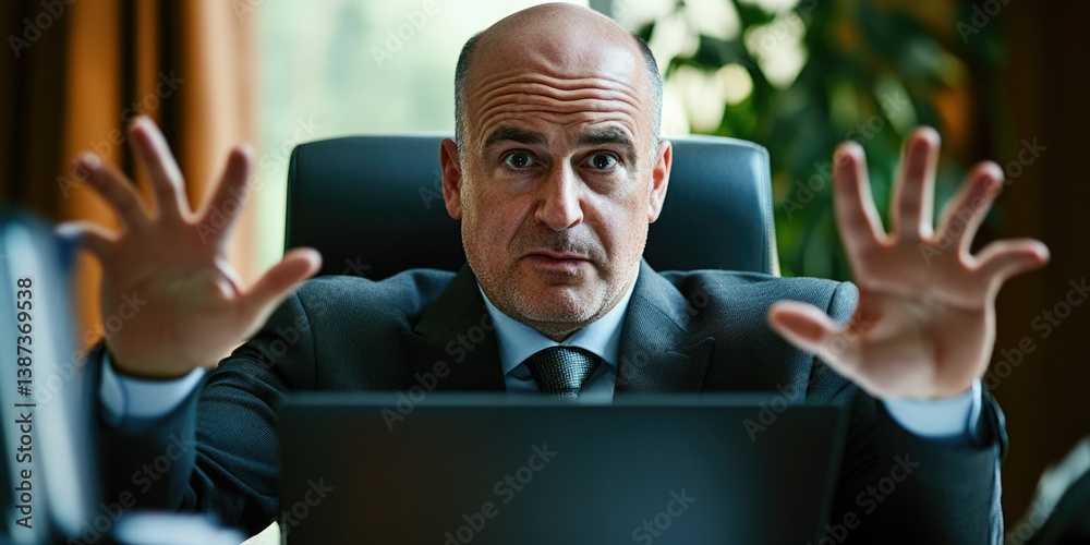 Man in suit sitting at desk with hands raised, indicating confusion or frustration.
