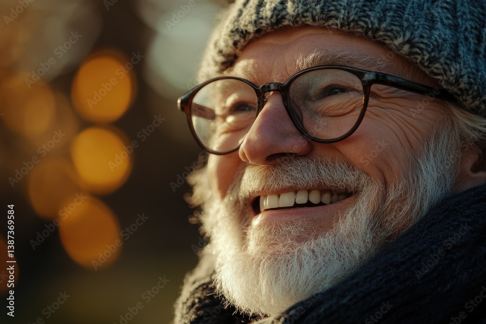 Happy elderly man with a beard smiling outside on an overcast day.