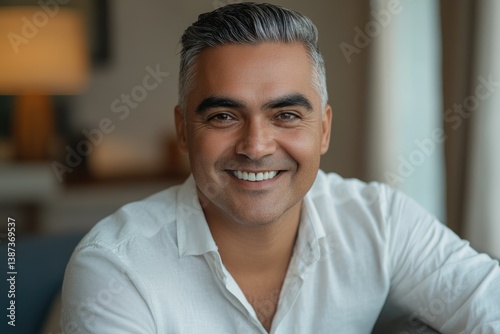A young man in a modern office, smiling towards the camera with a confident expression.
