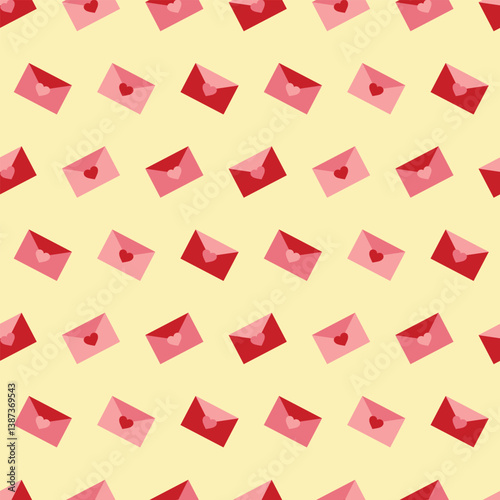 Seamless pattern of red and pink envelopes with hearts on a light yellow background