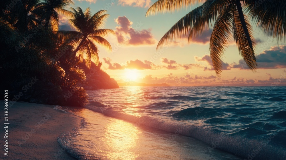 Calm ocean waves lapping at the shore, palm trees swaying in the breeze