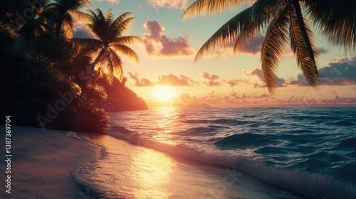 Obraz na płótnie Calm ocean waves lapping at the shore, palm trees swaying in the breeze w salonie