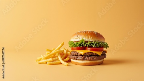 Juicy burger with golden fries on a clean solid background — close-up, crispy, cheesy, and perfect for food ads or menus.