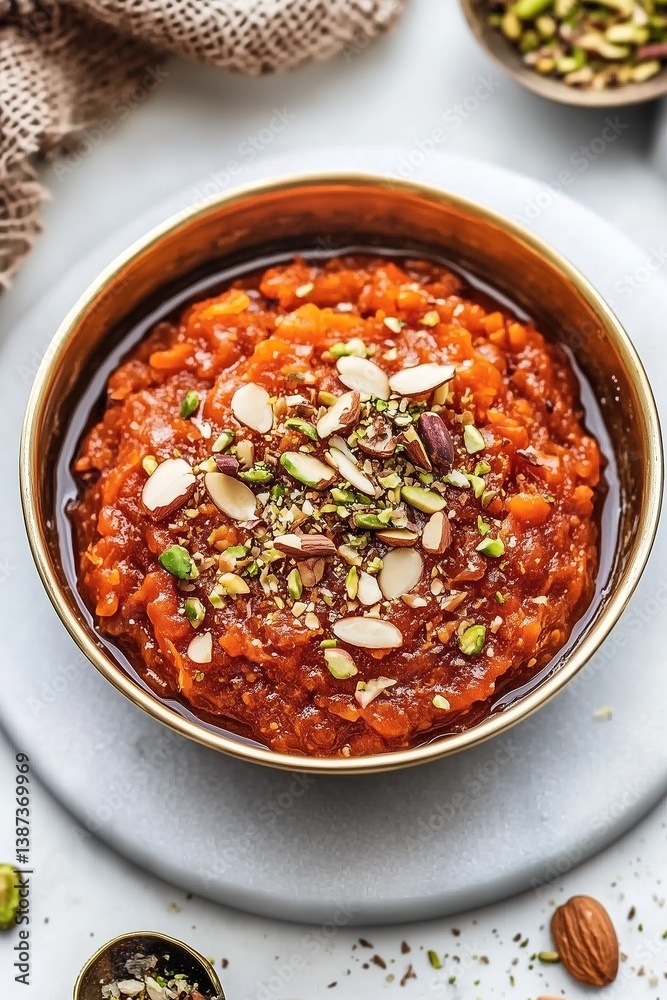 Gajar Halwa with Nuts and Saffron Served in Minimalist Modern White Bowl - Indian Dessert Gajar Halwa with Nuts and Saffron Served in Minimalist Modern White Bowl - Indian Dessert