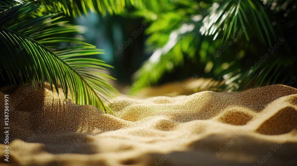 Sandy beach on an island with palm trees in the background.
