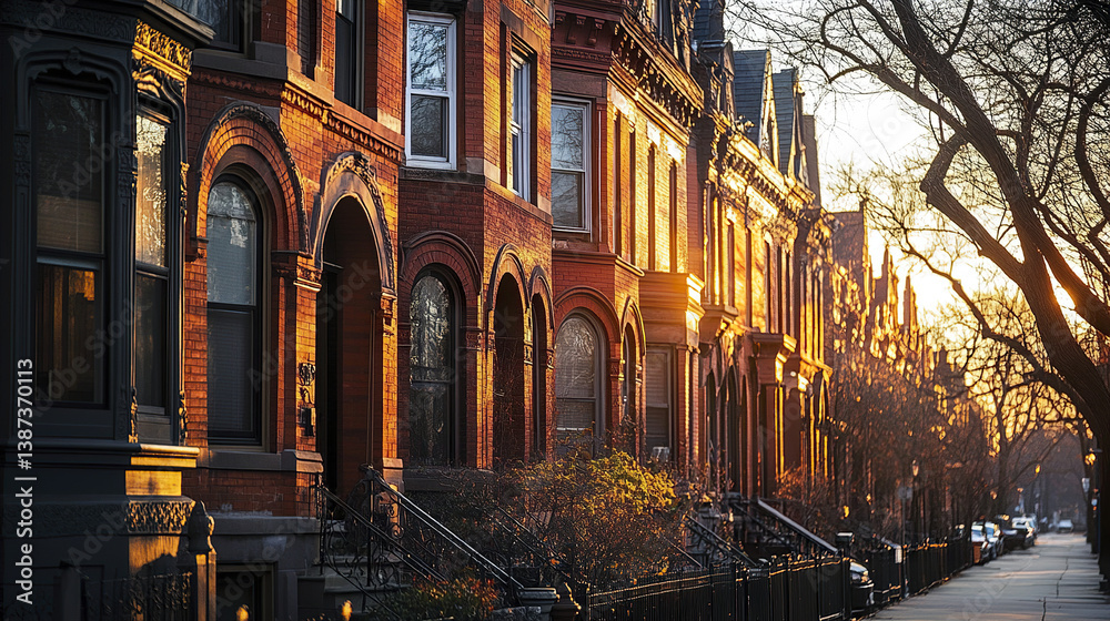 Fototapeta premium Historic brick row houses with intricate detailing at sunset