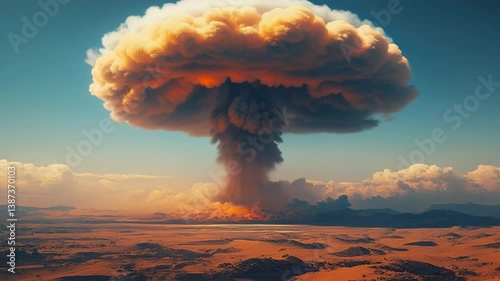 A towering mushroom cloud rises in the distance, symbolizing the immense power and devastating potential of nuclear technology.


