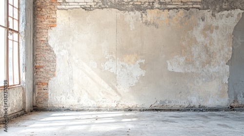 Sunlit empty room with exposed brick wall and damaged plaster.