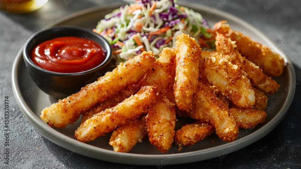 A plate of crispy fries with ketchup and a side of coleslaw. Featuring indulgence and comfort A plate of crispy fries with ketchup and a side of coleslaw. Featuring indulgence and comfort