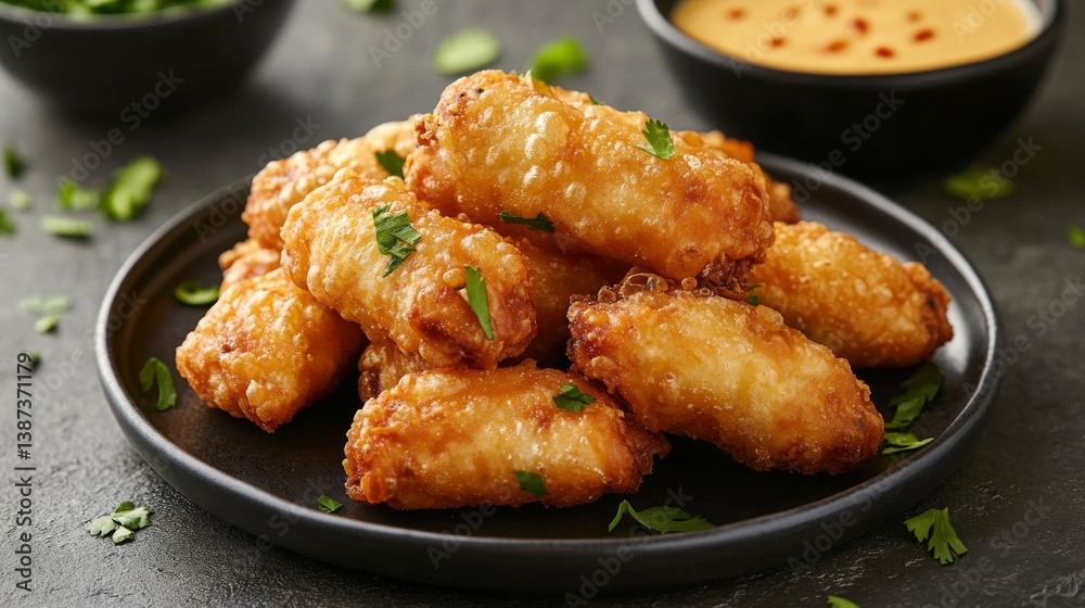 A plate of crispy spring rolls with dipping sauce. Featuring crunch and flavor A plate of crispy spring rolls with dipping sauce. Featuring crunch and flavor