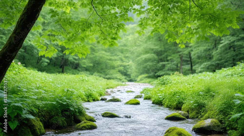 Fototapeta premium A clear forest stream flows over mossy rocks surrounded by lush green foliage and trees in a peaceful woodland landscape.