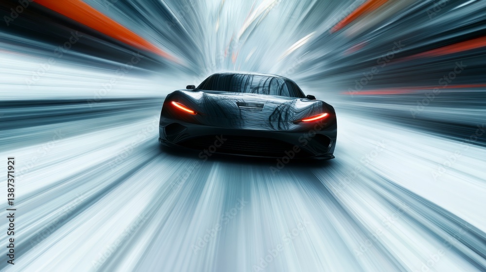Fototapeta premium High-speed motion of a sleek black sports car racing through a futuristic city environment at night