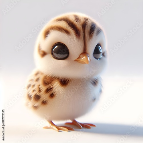 Cute 3D baby quail with soft brown feathers and shiny eyes standing on white surface
