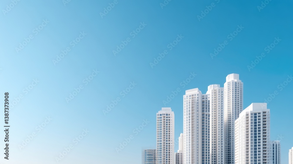 Modern cityscape with tall buildings against a clear blue sky. Detailed view of architectural design, showcasing modern high-rises in a vibrant urban setting Modern cityscape with tall buildings against a clear blue sky. Detailed view of architectural design, showcasing modern high-rises in a vibrant urban setting