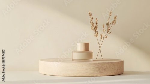 Beige cosmetic product display, minimalist, natural light