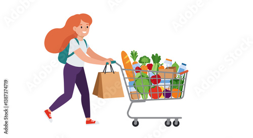 Happy woman shopping with a cart full of groceries  