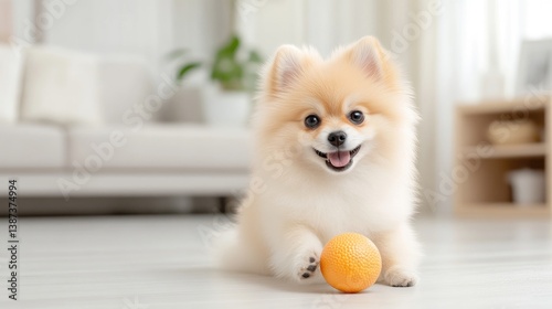 A fluffy Pomeranian dog sits on a light floor, a small orange ball beside it. The dog is the focal point, sharply in focus. The background is blurred, showing a living room. The image is well-lit, w