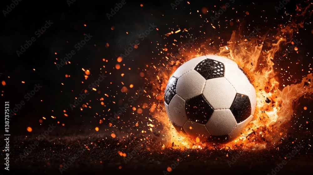 Fototapeta premium Intense Moment of a Football Striking the Ground Surrounded by Flames and Sparks