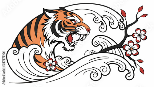 Fierce Tiger in Japanese Wave and Blossom Design Traditional Art Illustration