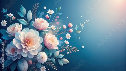 A Serene Arrangement of Pastel Blossoms and Delicate Greenery on a Deep Teal Background