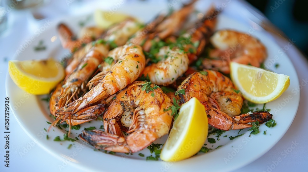A plate of grilled shrimp skewers with lemon wedges and herbs. Featuring freshness and flavor A plate of grilled shrimp skewers with lemon wedges and herbs. Featuring freshness and flavor