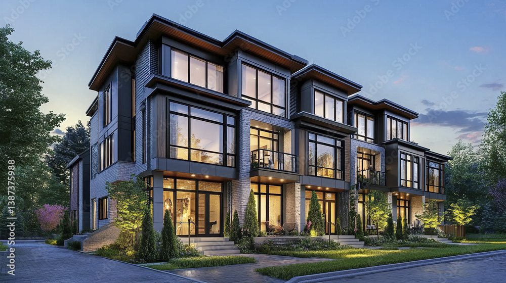 Fototapeta premium Modern townhouses with expansive glass walls and steel accents at dusk