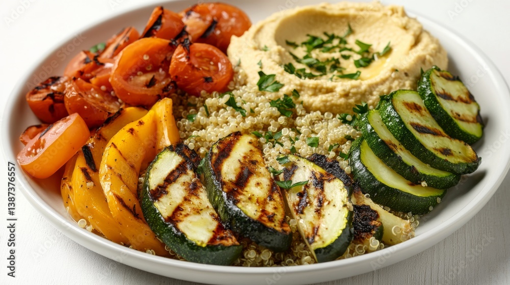 A plate of grilled vegetables with quinoa and hummus. Featuring health and flavor A plate of grilled vegetables with quinoa and hummus. Featuring health and flavor