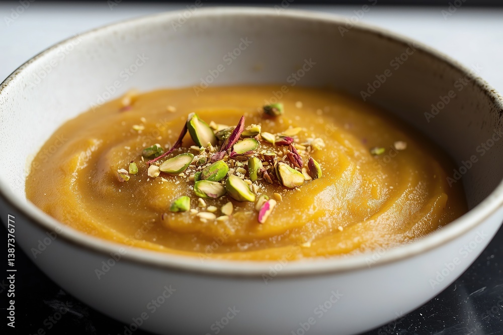 Besan Halwa in White Bowl with Ghee Glaze and Nut Garnish on Black Slate - Indian dessert Besan Halwa in White Bowl with Ghee Glaze and Nut Garnish on Black Slate - Indian dessert