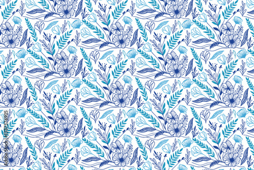 continuous line floral sketch featuring cotton flower and rose in a repeating pattern for women wear and textile print

