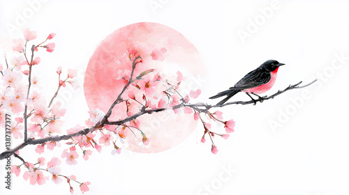 Wallpaper Mural beautiful bird perched on cherry blossom branch, surrounded by delicate pink flowers and soft, glowing sun Torontodigital.ca