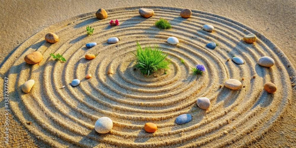 Serene Sand Garden with Concentric Circles, Smooth Stones, and Delicate Flora in Golden Sunlight Serene Sand Garden with Concentric Circles, Smooth Stones, and Delicate Flora in Golden Sunlight