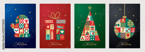 Geometric Christmas greeting cards. Merry Christmas and New Year modern abstract mosaic icons. Christmas tree, Christmas ornament and gift box. Vector illustration set.